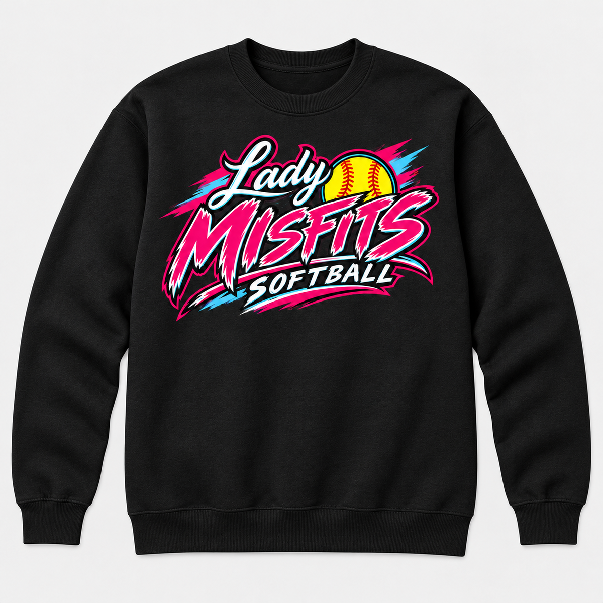 Lady Misfits 12U Bolt Script design on Gildan Heavy Blend Crewneck Sweatshirt in Black