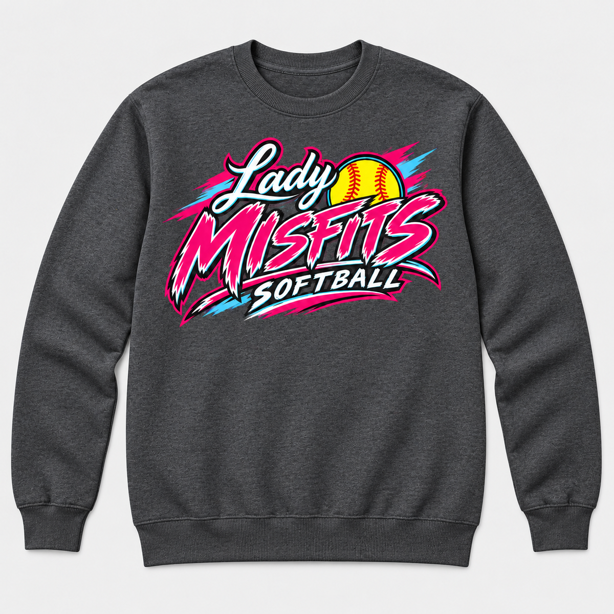 Lady Misfits 12U Bolt Script design on Gildan Heavy Blend Crewneck Sweatshirt in Dark Heather