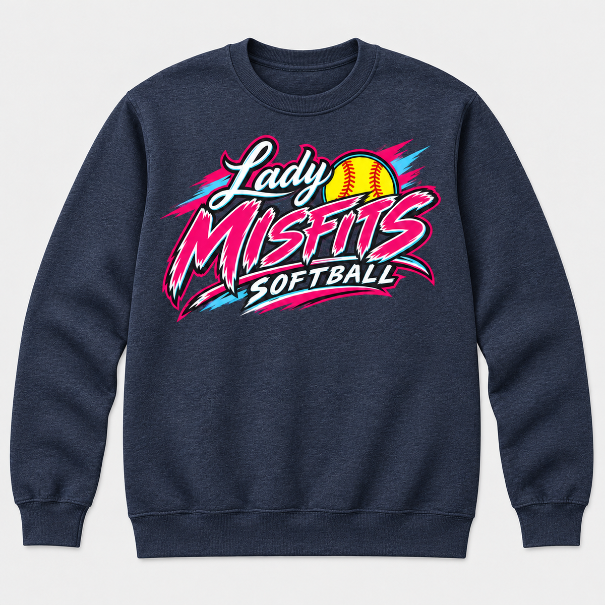 Lady Misfits 12U Bolt Script design on Gildan Heavy Blend Crewneck Sweatshirt in Heather Dark Navy