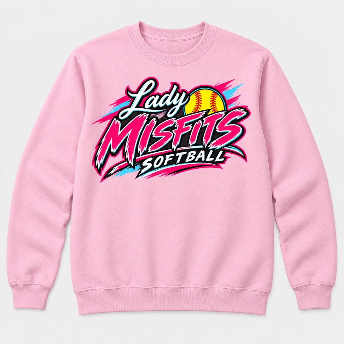 Lady Misfits 12U Bolt Script design on Gildan Heavy Blend Crewneck Sweatshirt in Light Pink