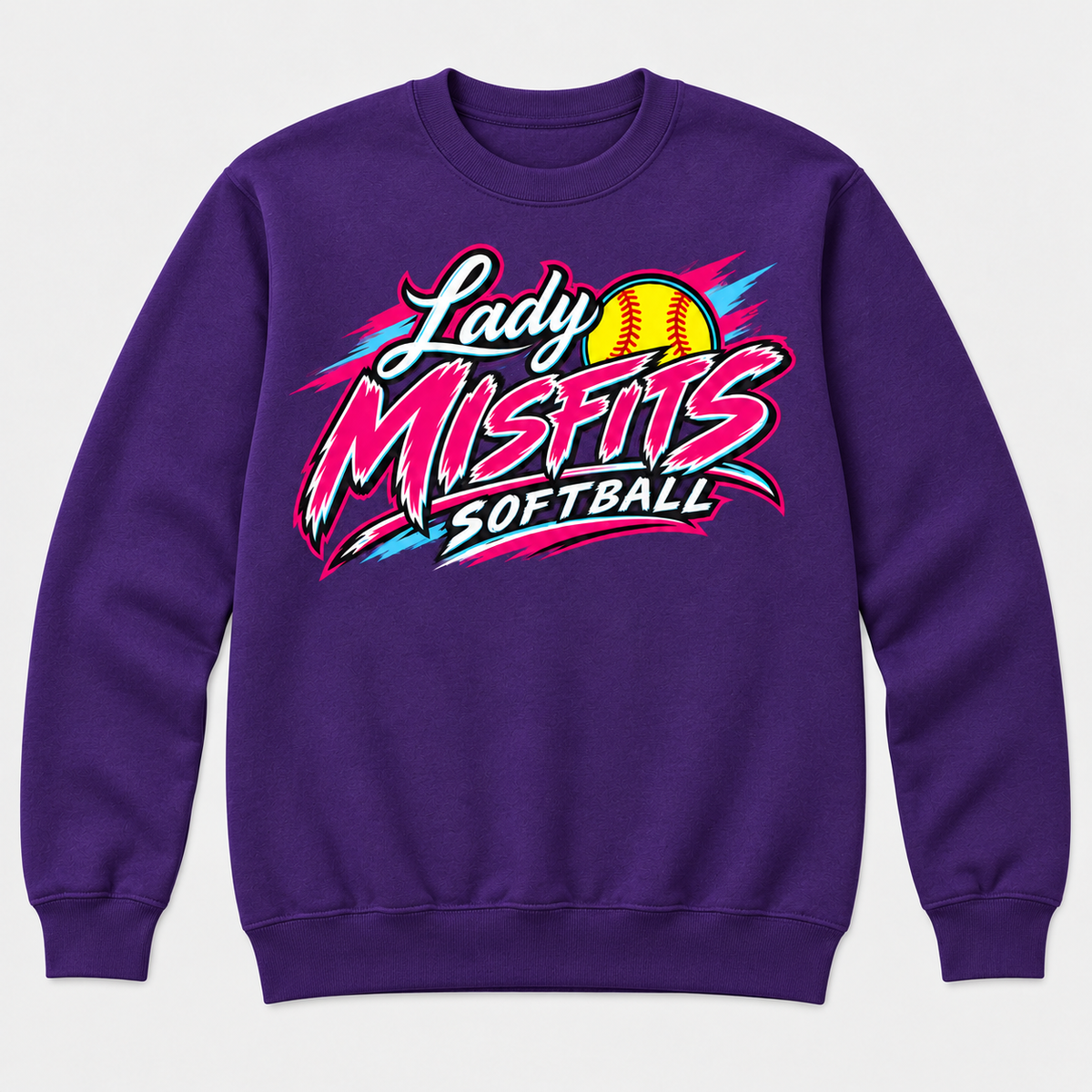 Lady Misfits 12U Bolt Script design on Gildan Heavy Blend Crewneck Sweatshirt in Purple