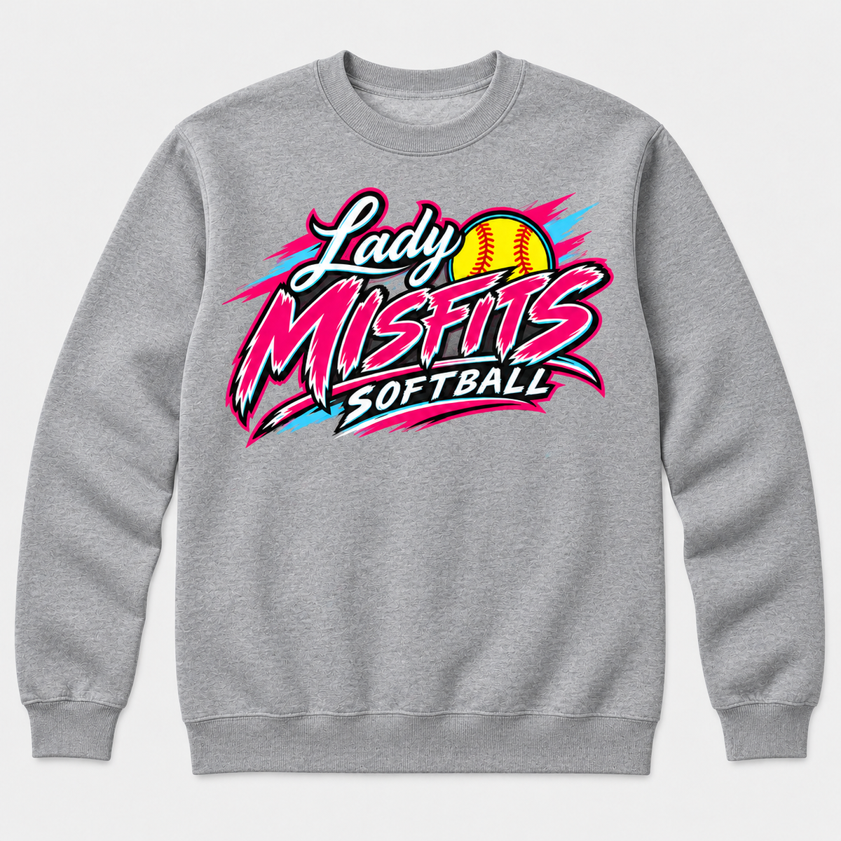 Lady Misfits 12U Bolt Script design on Gildan Heavy Blend Crewneck Sweatshirt in Sport Grey