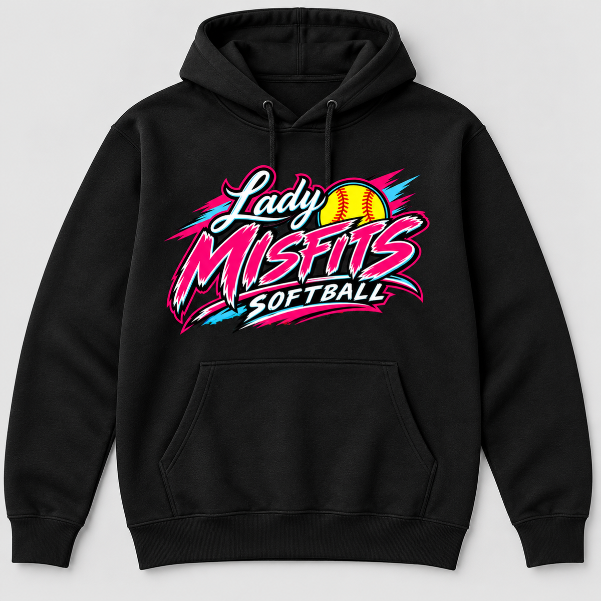 Lady Misfits 12U Bolt Script design on Gildan Heavy Blend Hoodie in Black