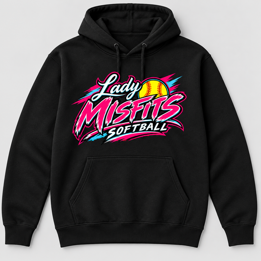 Lady Misfits 12U Bolt Script design on Gildan Heavy Blend Hoodie in Black