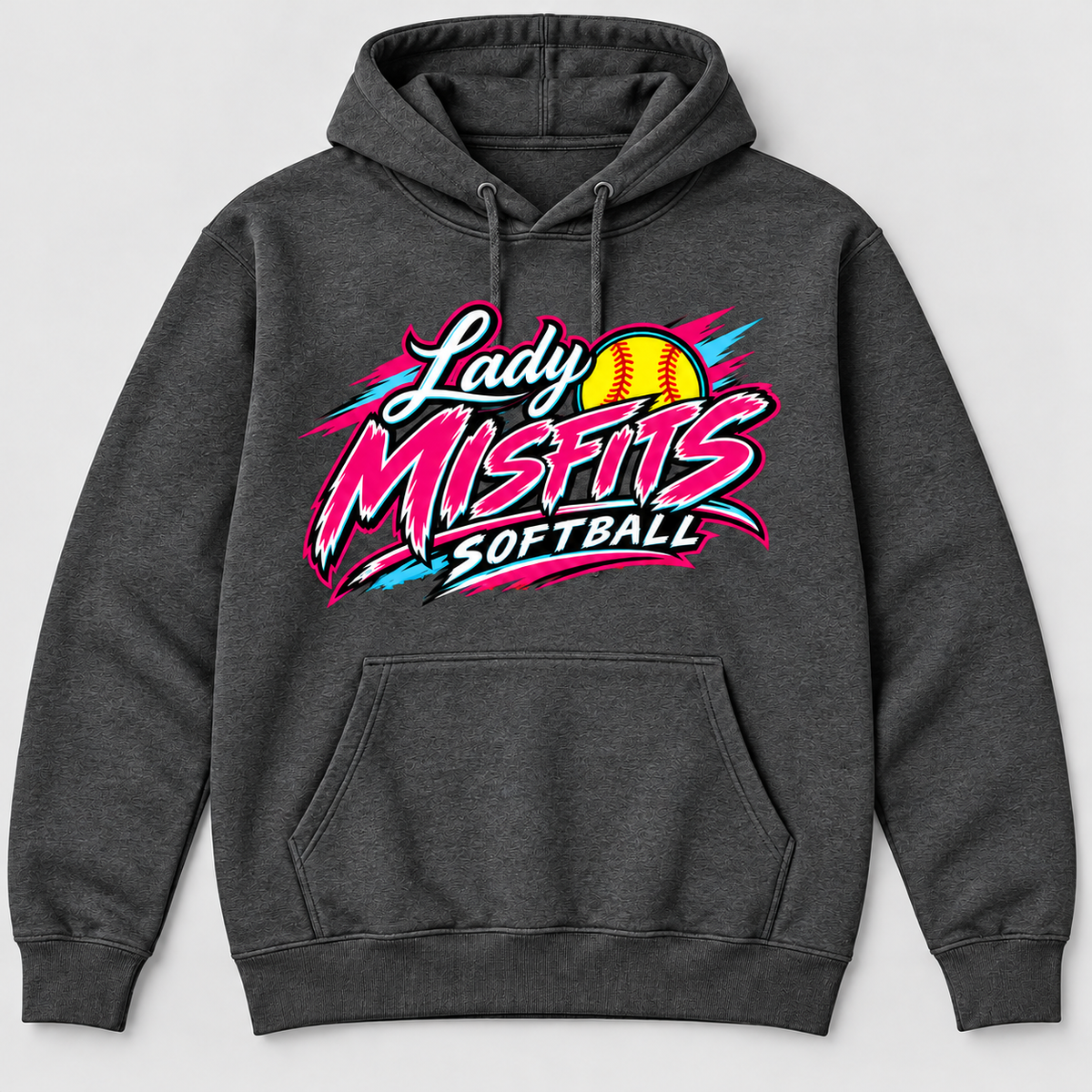 Lady Misfits 12U Bolt Script design on Gildan Heavy Blend Hoodie in Dark Heather