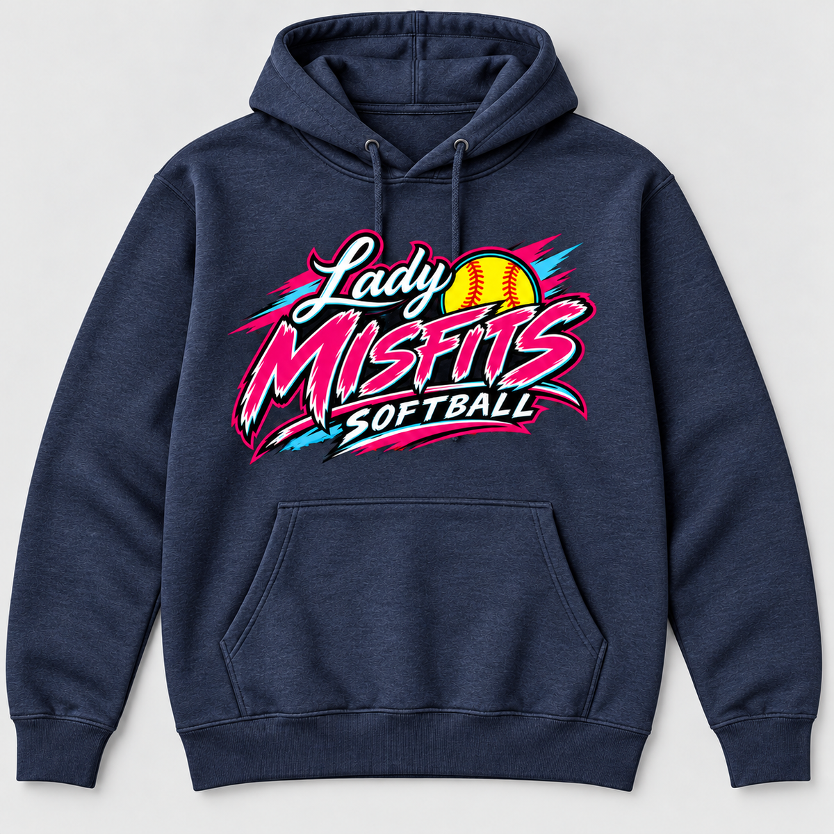 Lady Misfits 12U Bolt Script design on Gildan Heavy Blend Hoodie in Heather Dark Navy