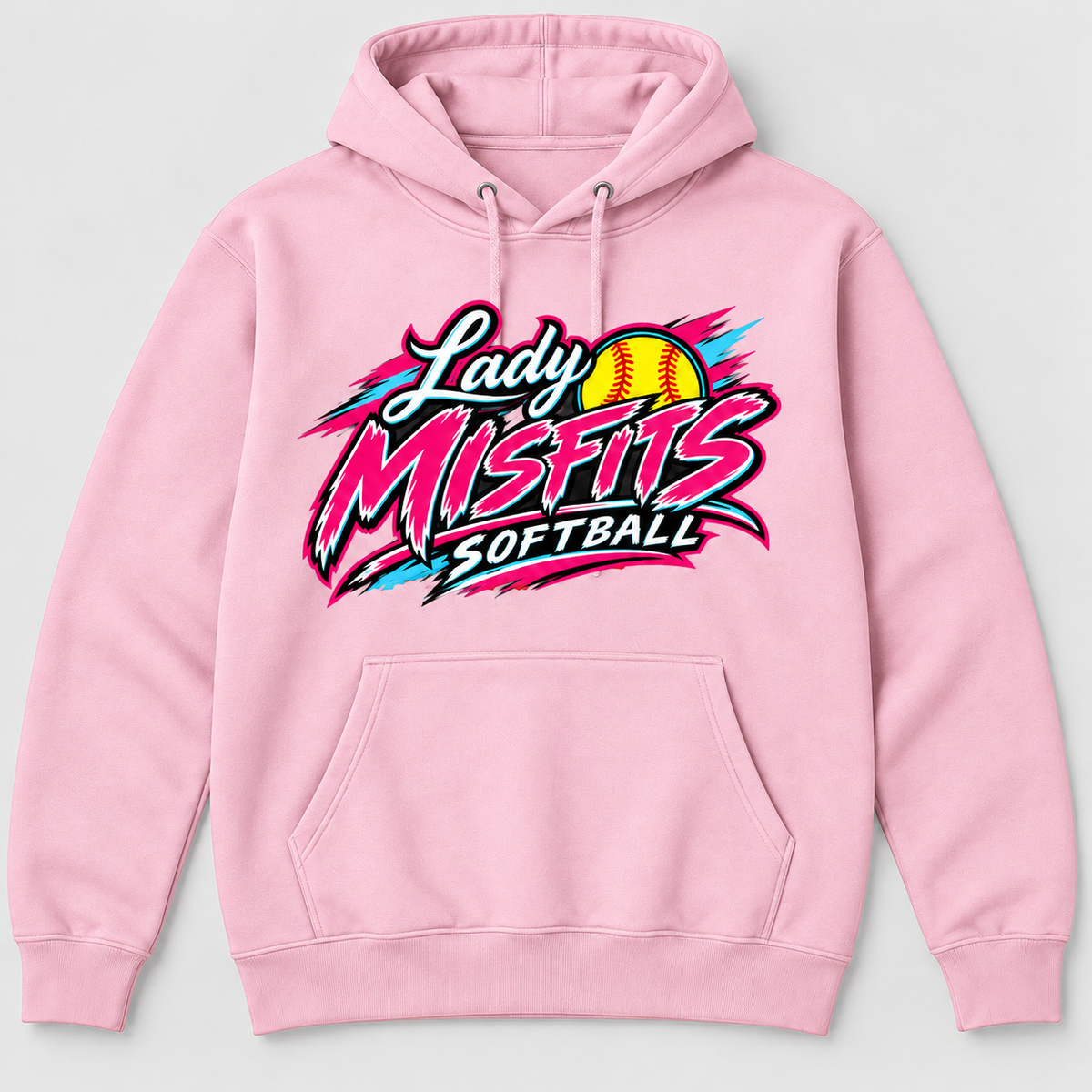 Lady Misfits 12U Bolt Script design on Gildan Heavy Blend Hoodie in Light Pink