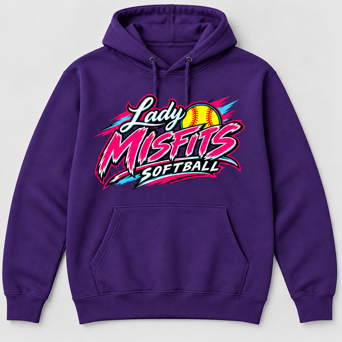 Lady Misfits 12U Bolt Script design on Gildan Heavy Blend Hoodie in Purple