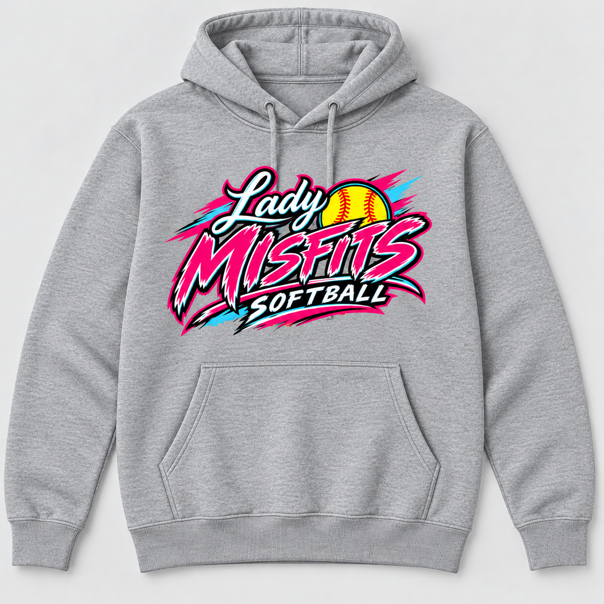 Lady Misfits 12U Bolt Script design on Gildan Heavy Blend Hoodie in Sport Grey
