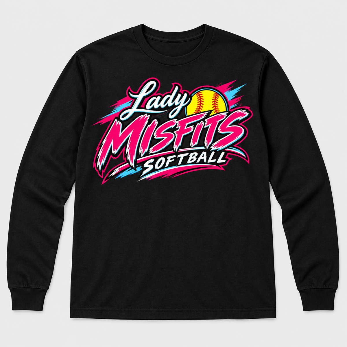 Lady Misfits 12U Bolt Script design on Gildan Heavy Cotton Long Sleeve in Black