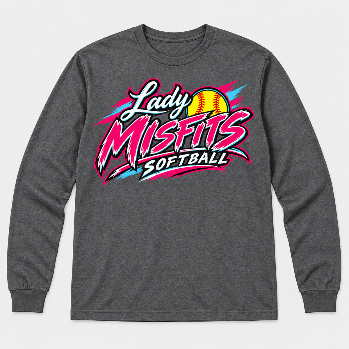 Lady Misfits 12U Bolt Script design on Gildan Heavy Cotton Long Sleeve in Dark Heather