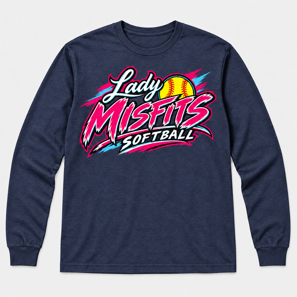 Lady Misfits 12U Bolt Script design on Gildan Heavy Cotton Long Sleeve in Heather Dark Navy