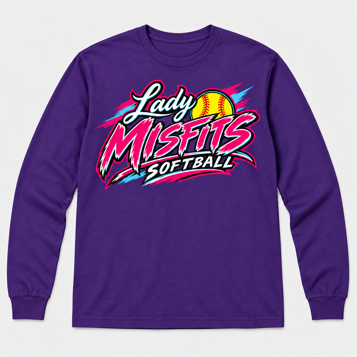 Lady Misfits 12U Bolt Script design on Gildan Heavy Cotton Long Sleeve in Purple