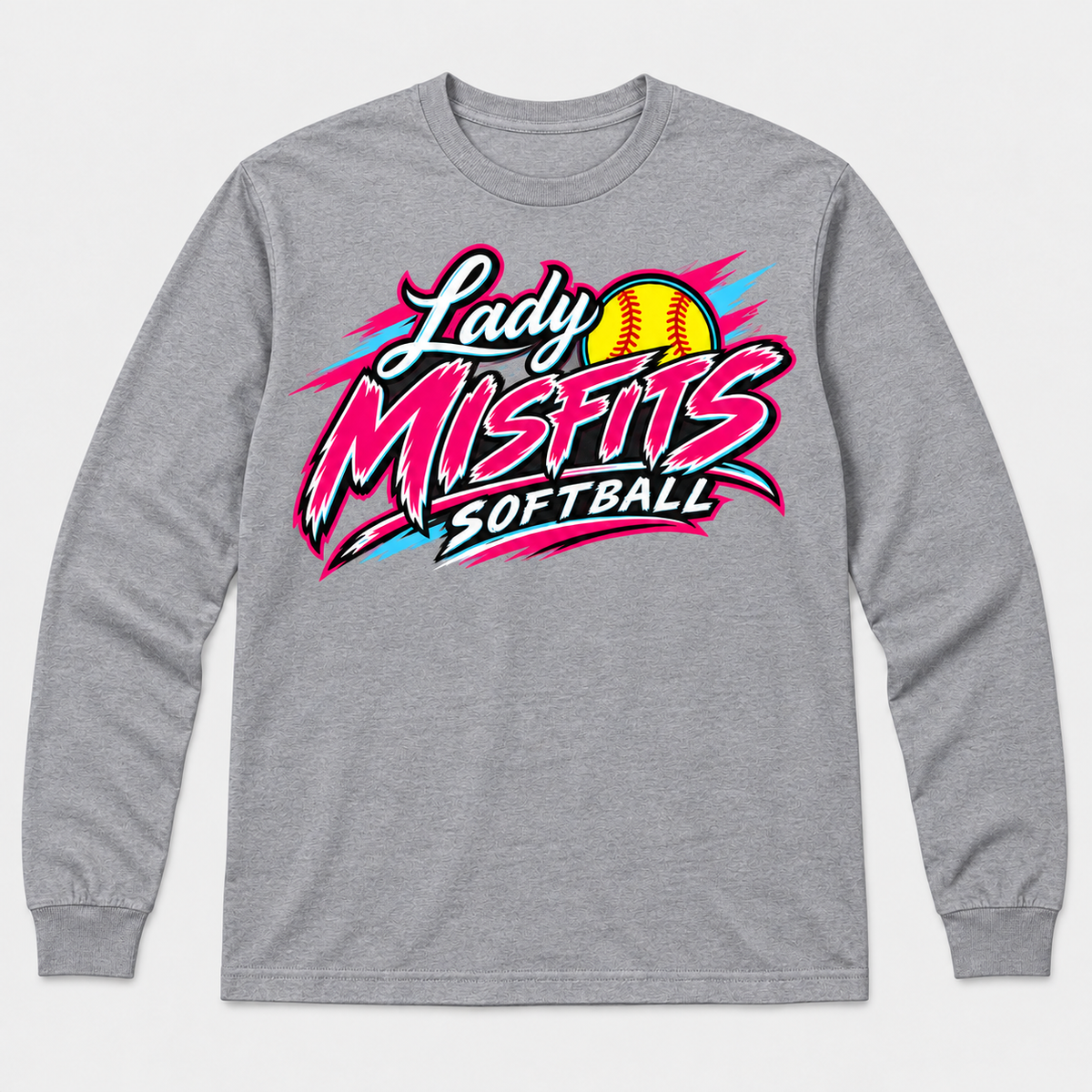 Lady Misfits 12U Bolt Script design on Gildan Heavy Cotton Long Sleeve in Sport Grey
