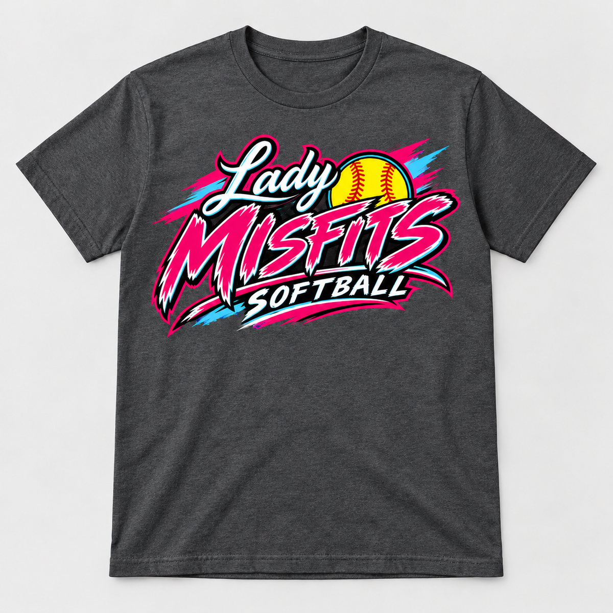 Lady Misfits 12U Bolt Script design on Gildan Heavy Cotton T-Shirt in Dark Heather