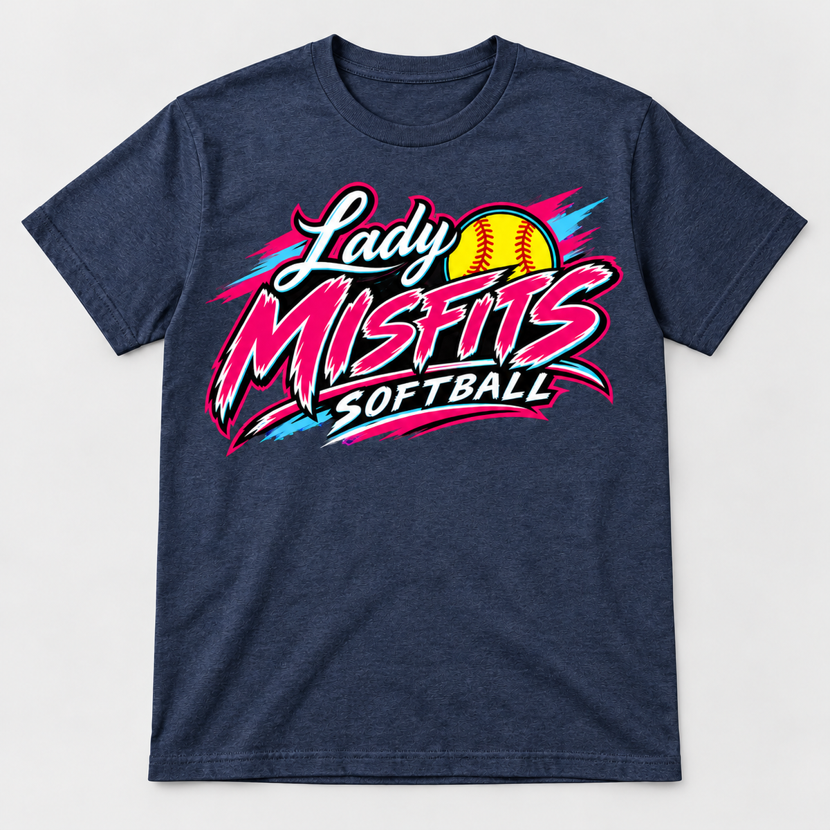 Lady Misfits 12U Bolt Script design on Gildan Heavy Cotton T-Shirt in Heather Dark Navy