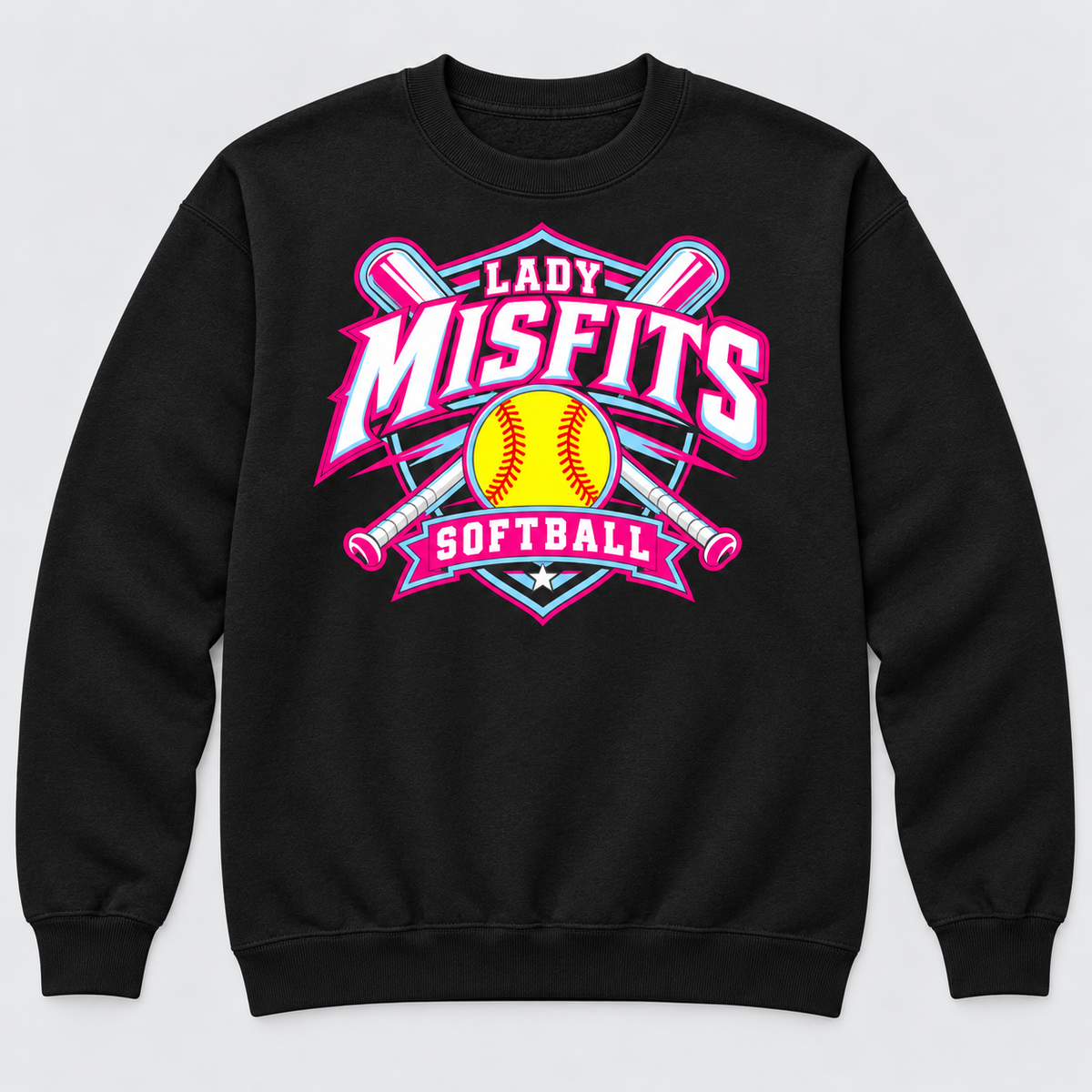 Lady Misfits 12U Crossed Bats Crest design on Gildan Heavy Blend Crewneck Sweatshirt in Black