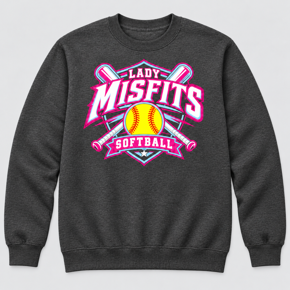 Lady Misfits 12U Crossed Bats Crest design on Gildan Heavy Blend Crewneck Sweatshirt in Dark Heather