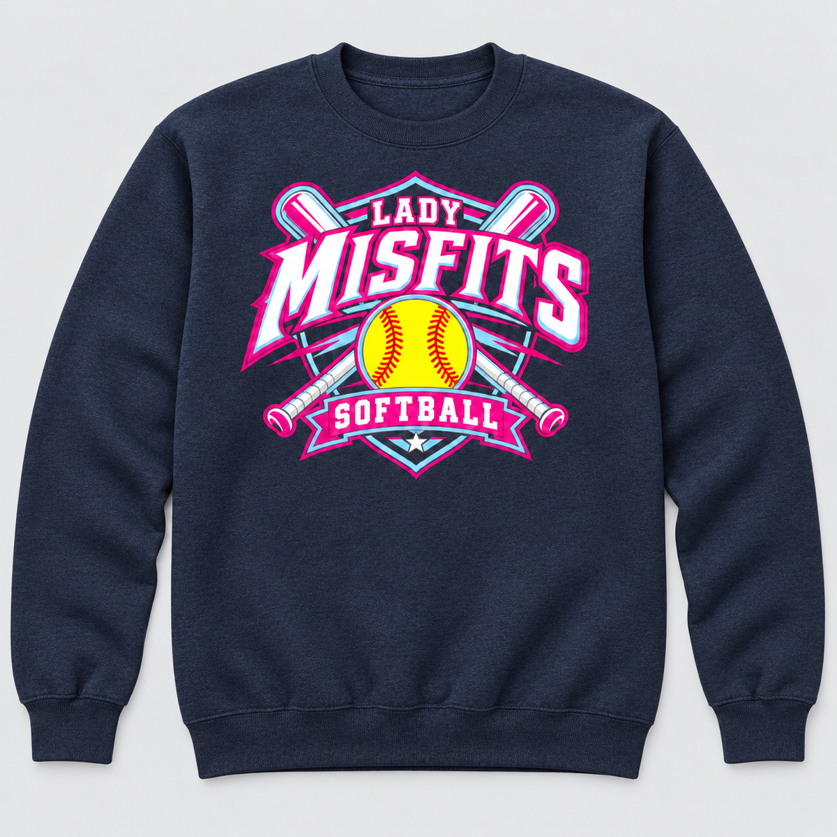 Lady Misfits 12U Crossed Bats Crest design on Gildan Heavy Blend Crewneck Sweatshirt in Heather Dark Navy