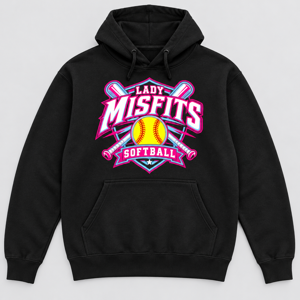 Lady Misfits 12U Crossed Bats Crest design on Gildan Heavy Blend Hoodie in Black