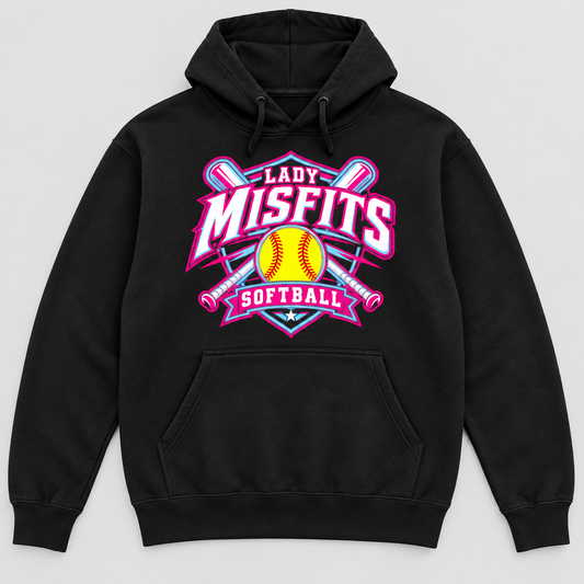 Lady Misfits 12U Crossed Bats Crest design on Gildan Heavy Blend Hoodie in Black