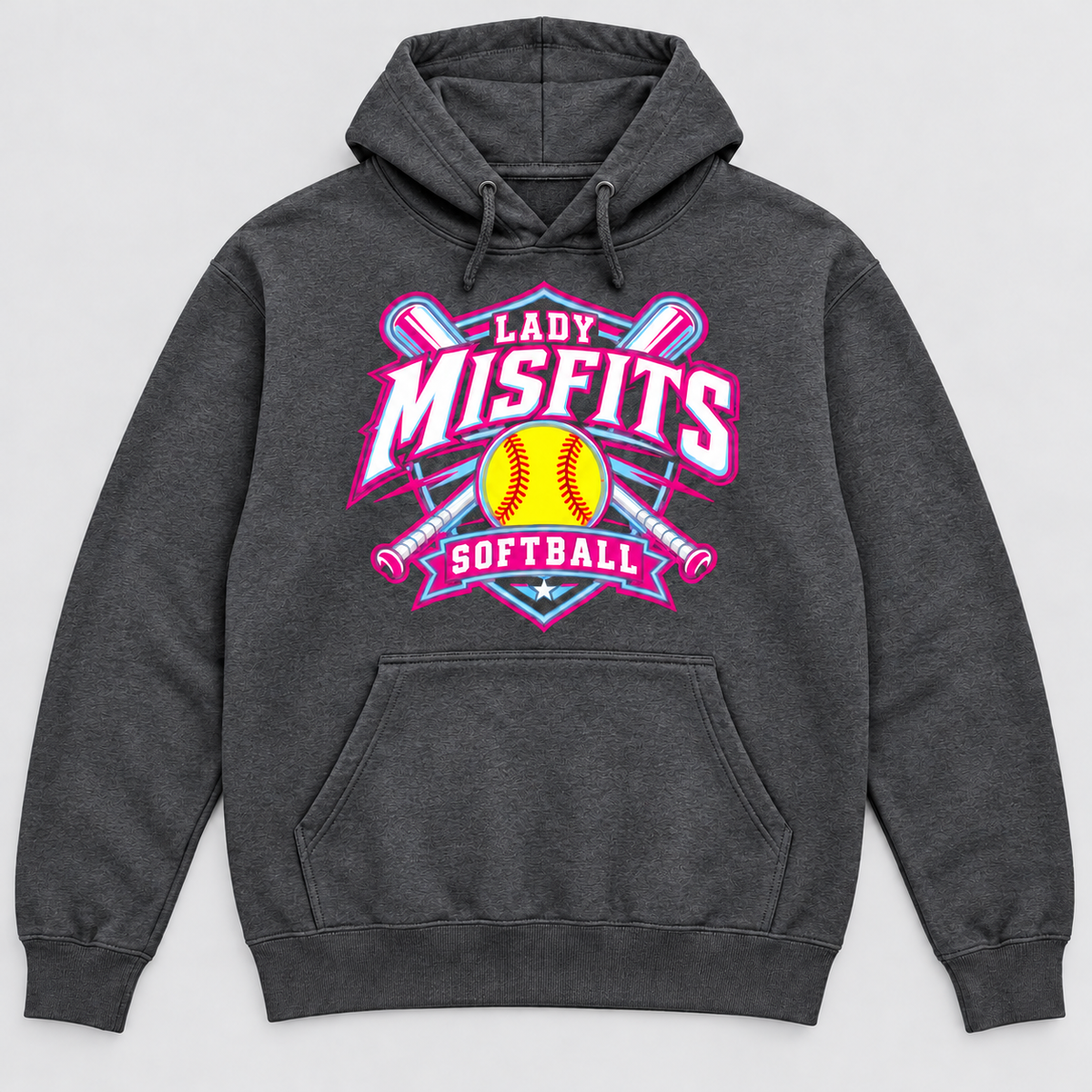 Lady Misfits 12U Crossed Bats Crest design on Gildan Heavy Blend Hoodie in Dark Heather