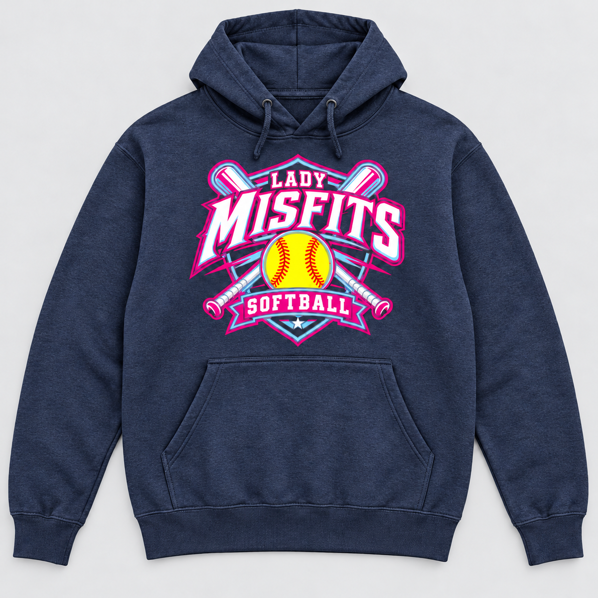Lady Misfits 12U Crossed Bats Crest design on Gildan Heavy Blend Hoodie in Heather Dark Navy