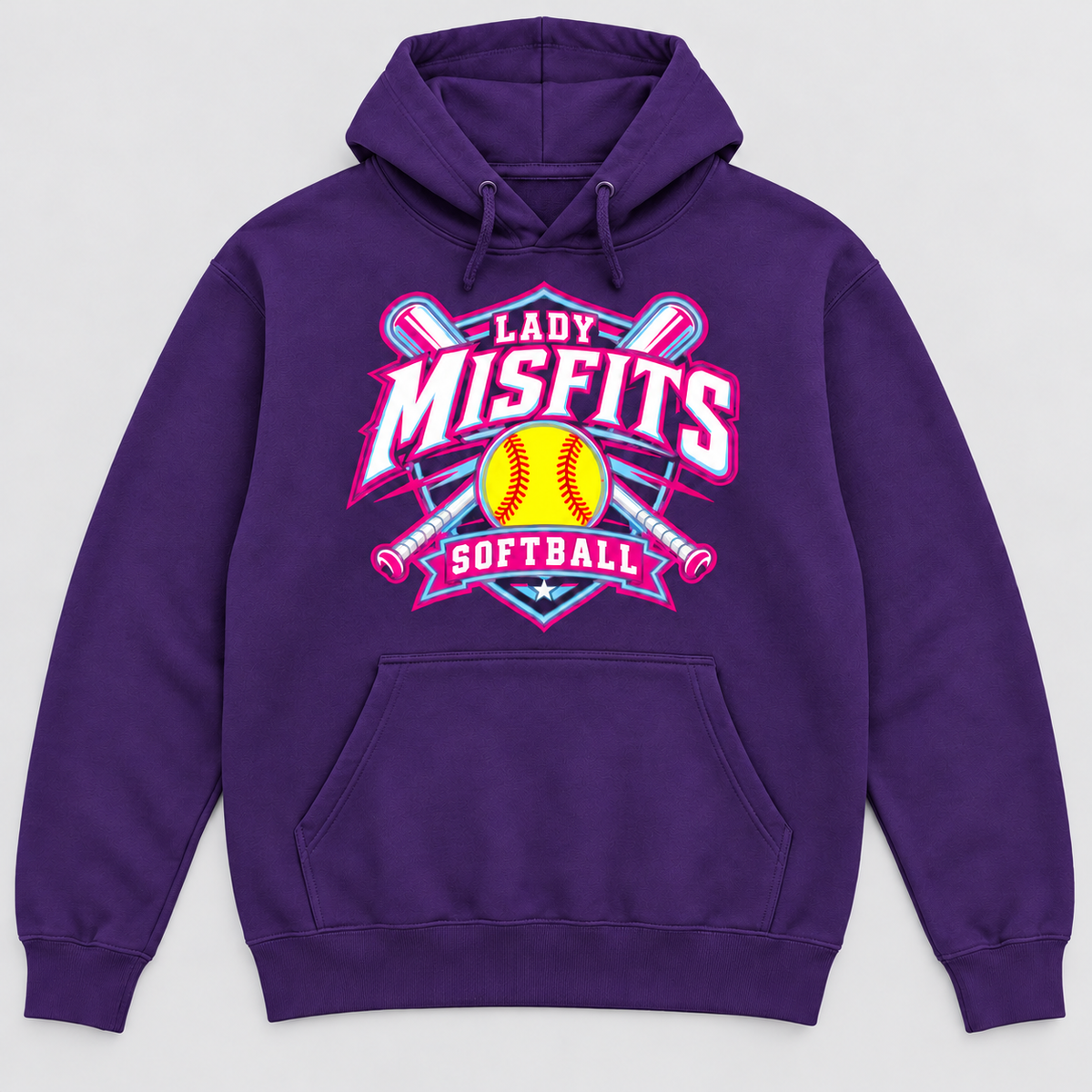 Lady Misfits 12U Crossed Bats Crest design on Gildan Heavy Blend Hoodie in Purple