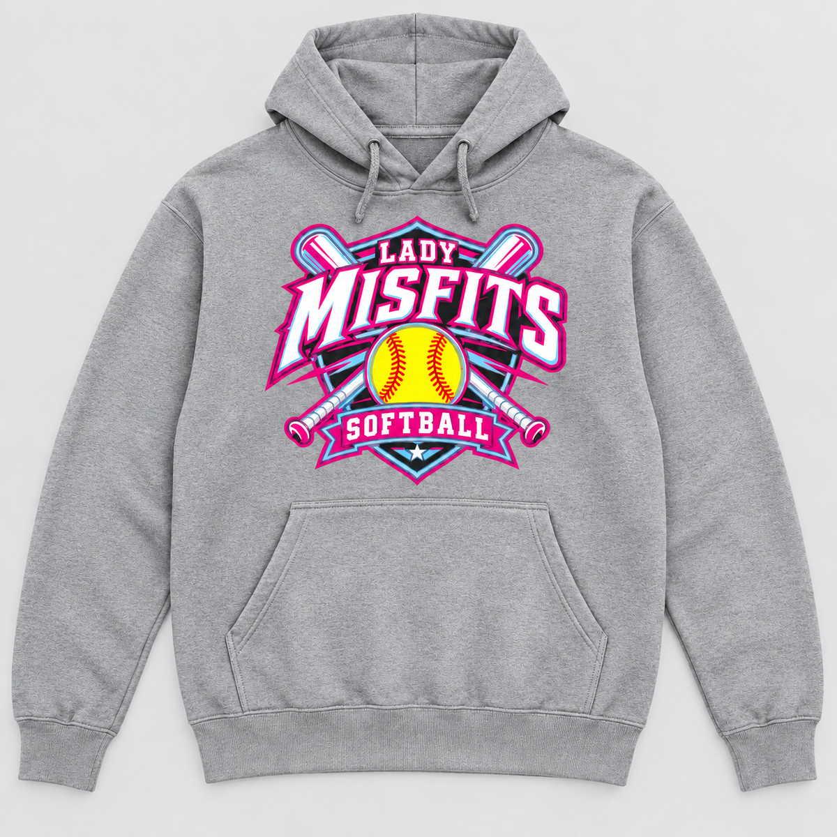 Lady Misfits 12U Crossed Bats Crest design on Gildan Heavy Blend Hoodie in Sport Grey