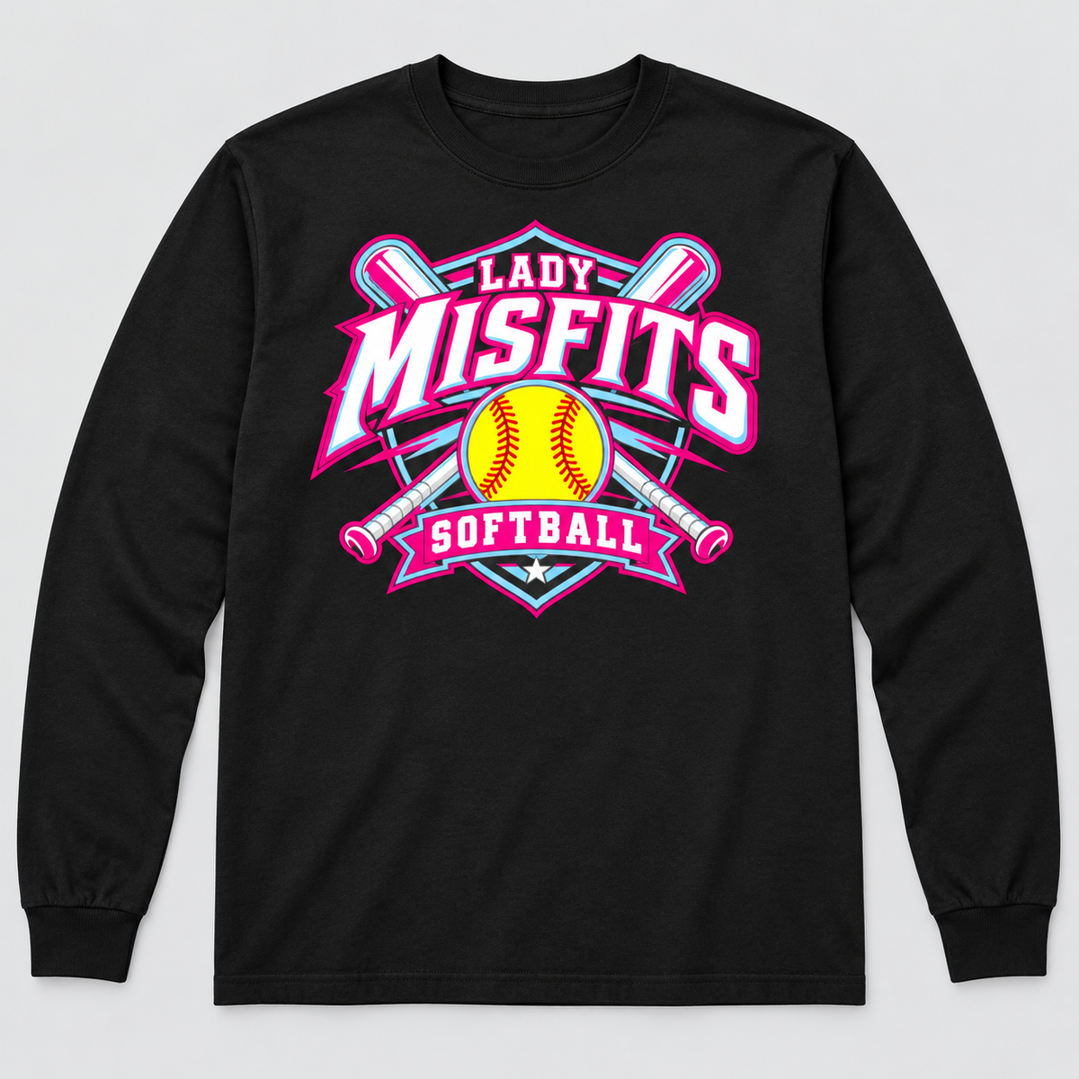 Lady Misfits 12U Crossed Bats Crest design on Gildan Heavy Cotton Long Sleeve in Black