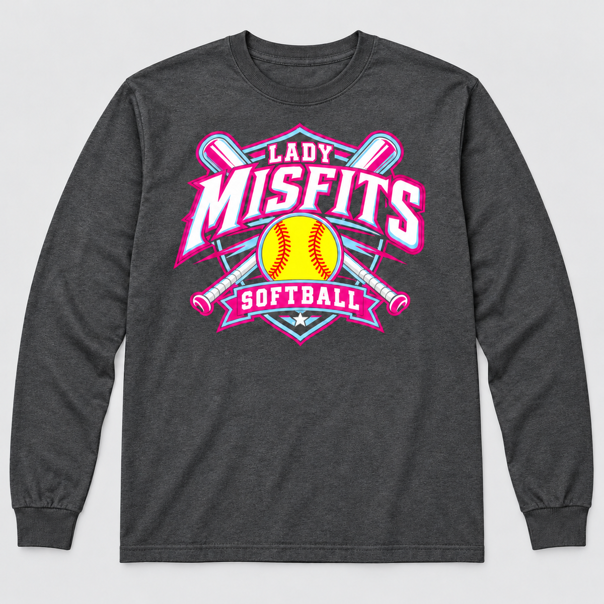 Lady Misfits 12U Crossed Bats Crest design on Gildan Heavy Cotton Long Sleeve in Dark Heather
