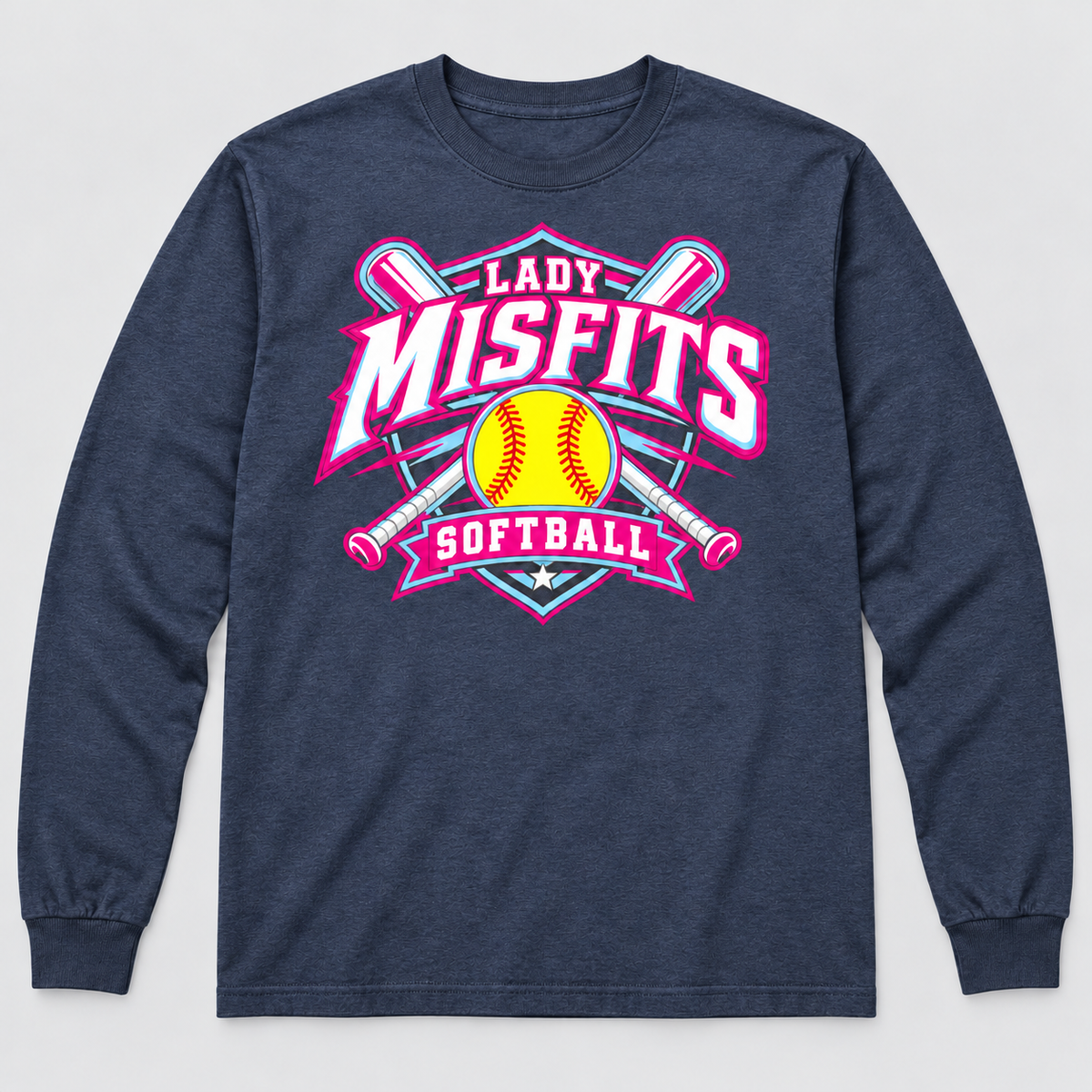Lady Misfits 12U Crossed Bats Crest design on Gildan Heavy Cotton Long Sleeve in Heather Dark Navy