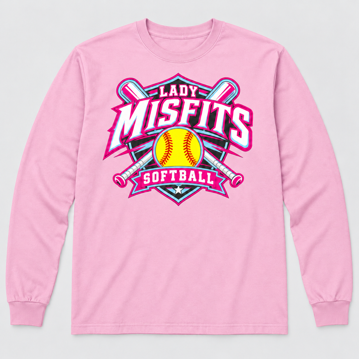 Lady Misfits 12U Crossed Bats Crest design on Gildan Heavy Cotton Long Sleeve in Light Pink
