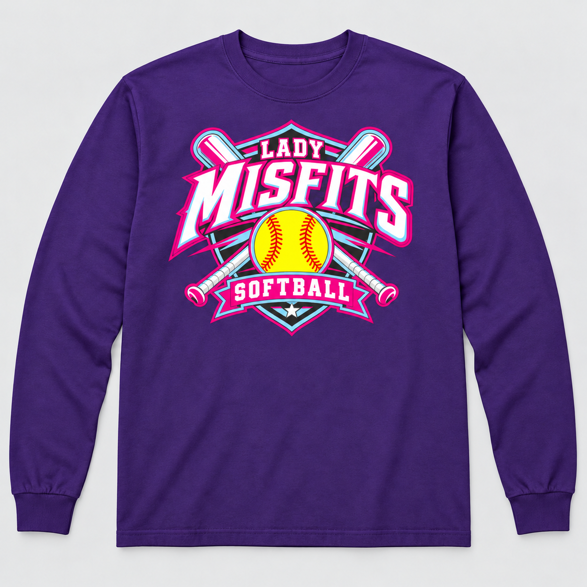 Lady Misfits 12U Crossed Bats Crest design on Gildan Heavy Cotton Long Sleeve in Purple