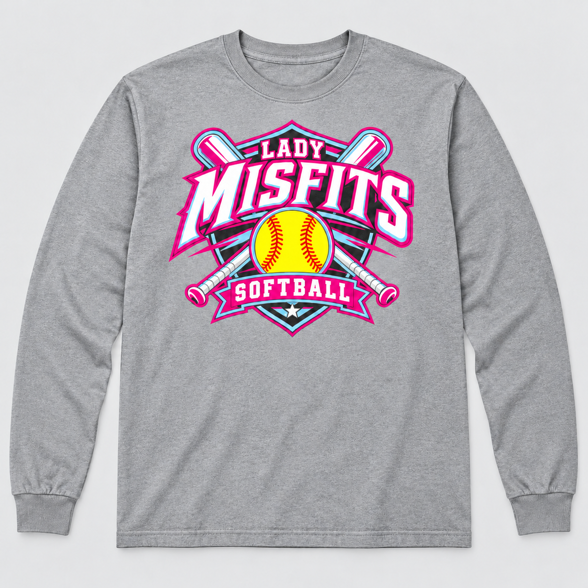 Lady Misfits 12U Crossed Bats Crest design on Gildan Heavy Cotton Long Sleeve in Sport Grey