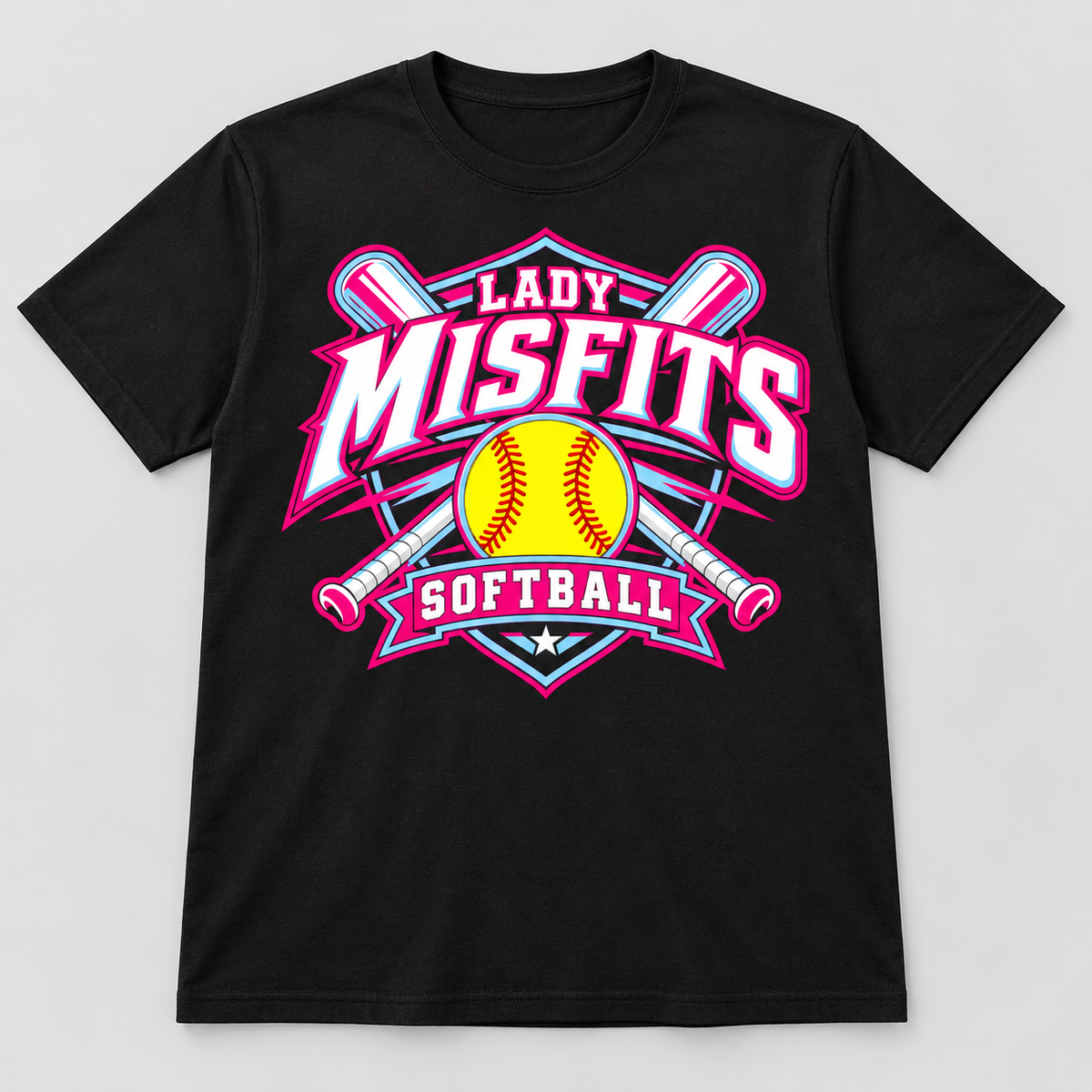 Lady Misfits 12U Crossed Bats Crest design on Gildan Heavy Cotton T-Shirt in Black