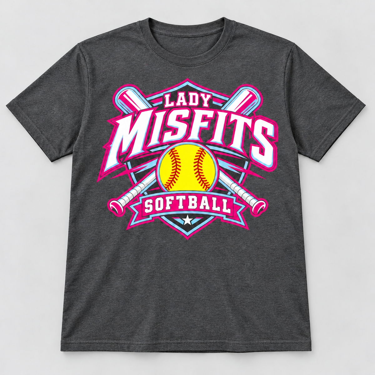 Lady Misfits 12U Crossed Bats Crest design on Gildan Heavy Cotton T-Shirt in Dark Heather