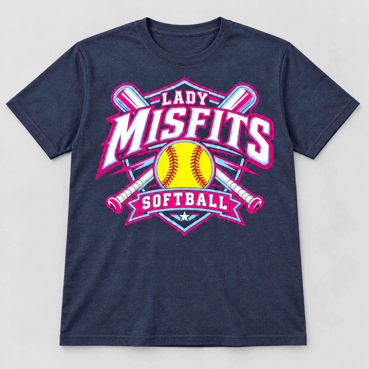 Lady Misfits 12U Crossed Bats Crest design on Gildan Heavy Cotton T-Shirt in Heather Dark Navy