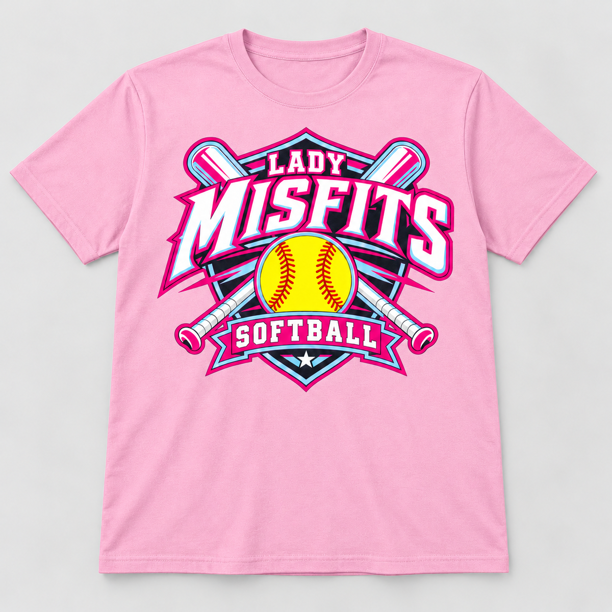 Lady Misfits 12U Crossed Bats Crest design on Gildan Heavy Cotton T-Shirt in Light Pink
