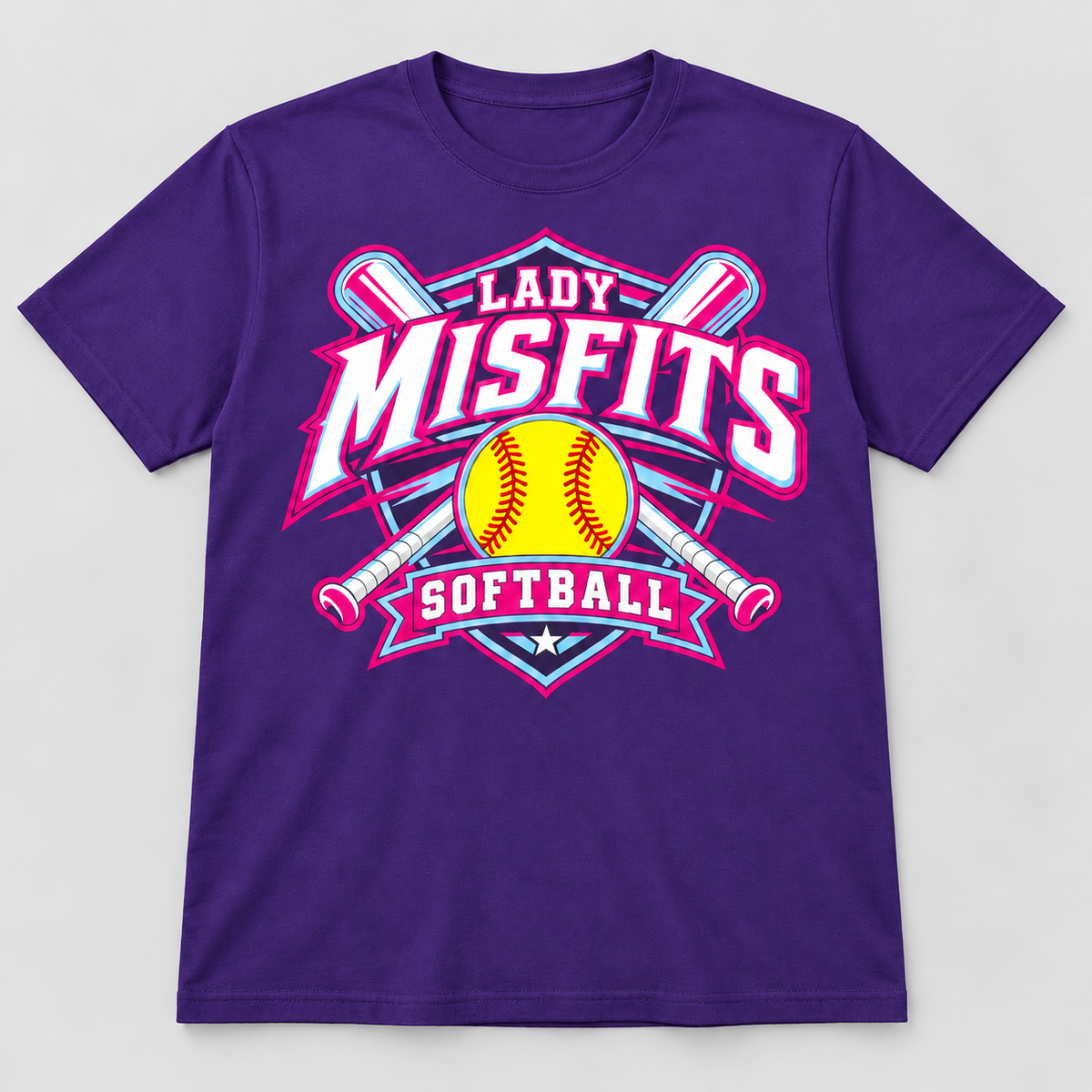 Lady Misfits 12U Crossed Bats Crest design on Gildan Heavy Cotton T-Shirt in Purple