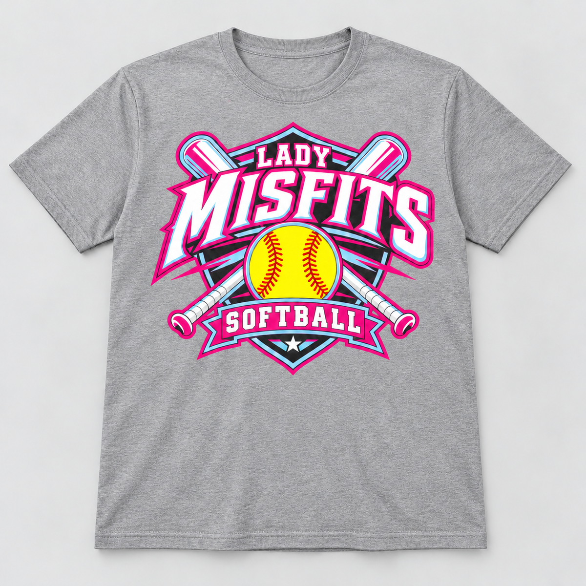 Lady Misfits 12U Crossed Bats Crest design on Gildan Heavy Cotton T-Shirt in Sport Grey