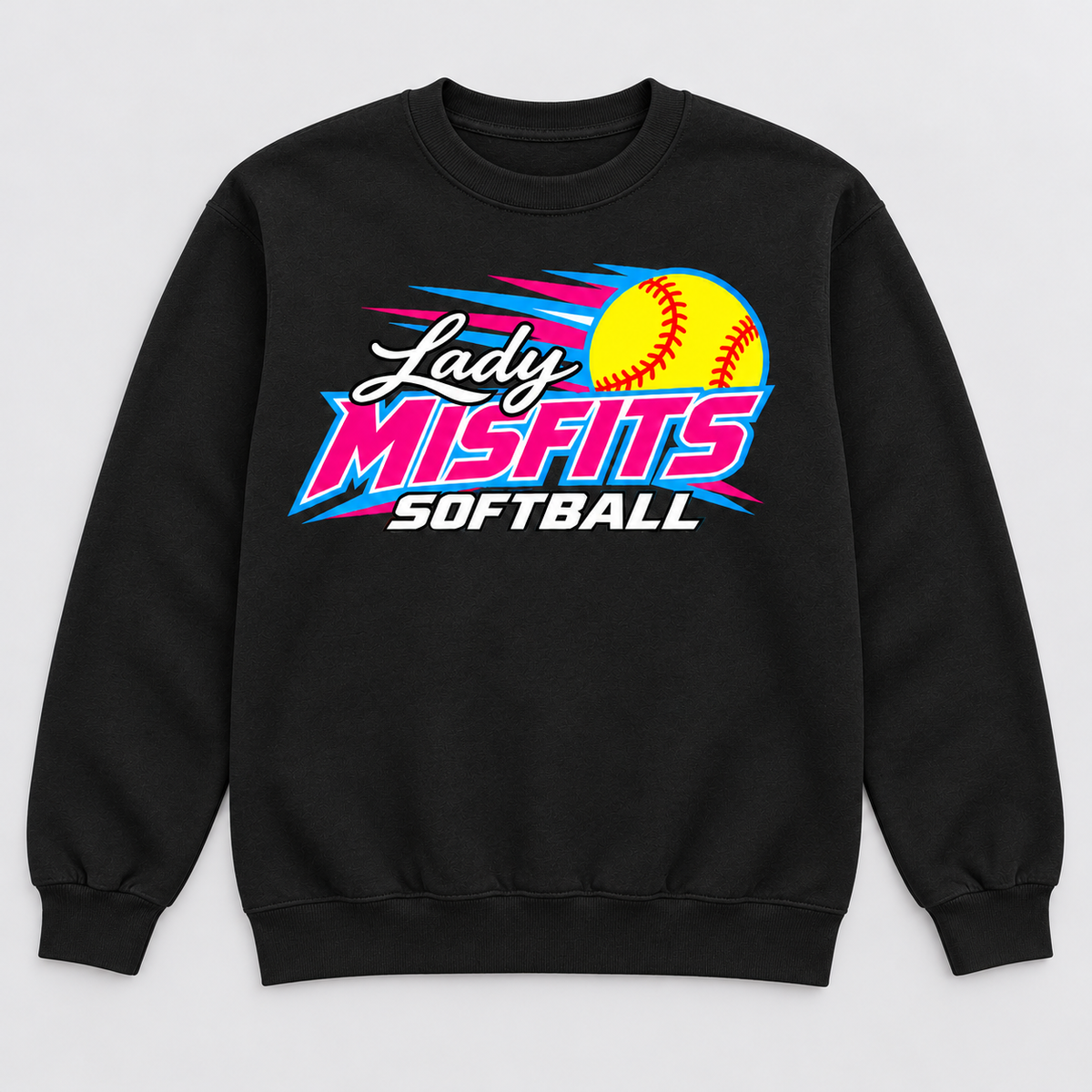 Lady Misfits 12U Fastpitch Streak design on Gildan Heavy Blend Crewneck Sweatshirt in Black