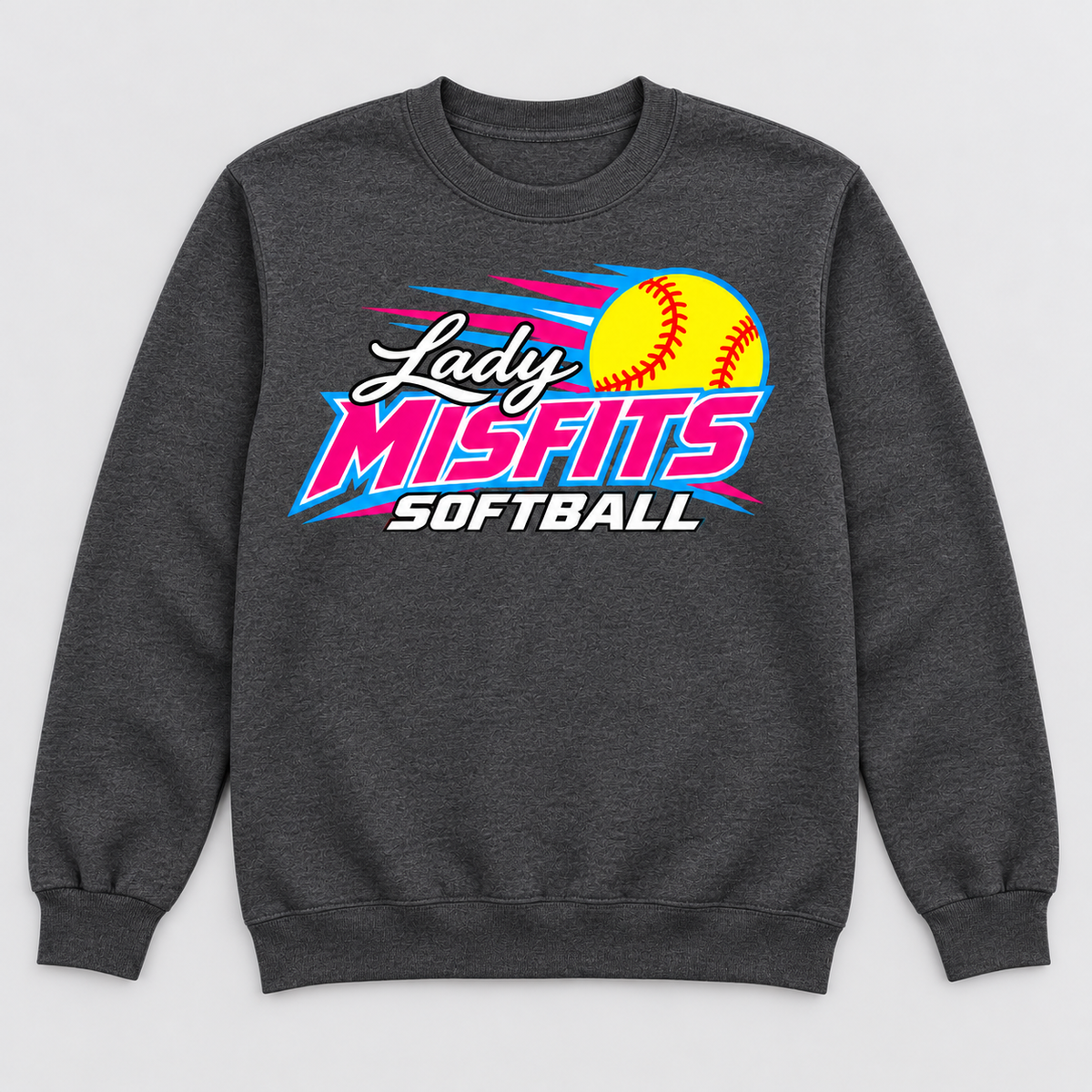 Lady Misfits 12U Fastpitch Streak design on Gildan Heavy Blend Crewneck Sweatshirt in Dark Heather