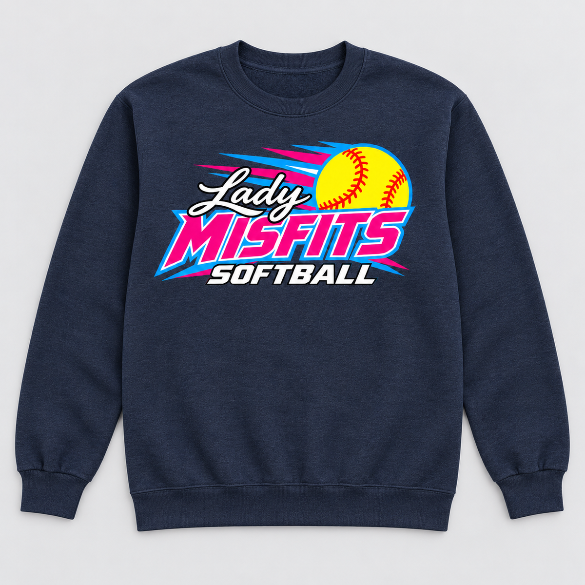 Lady Misfits 12U Fastpitch Streak design on Gildan Heavy Blend Crewneck Sweatshirt in Heather Dark Navy