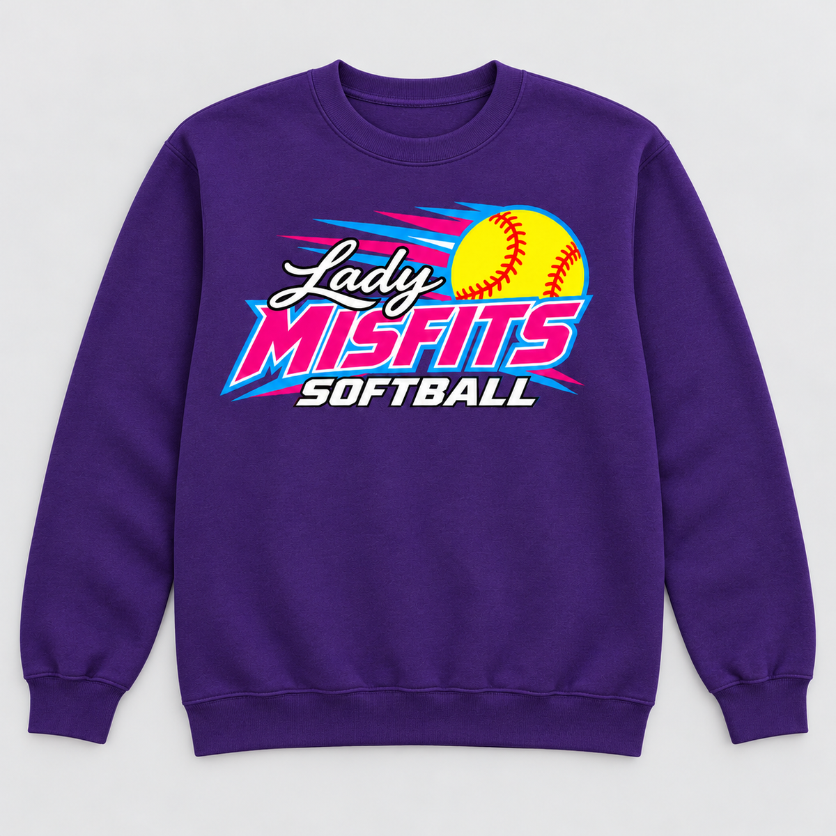Lady Misfits 12U Fastpitch Streak design on Gildan Heavy Blend Crewneck Sweatshirt in Purple