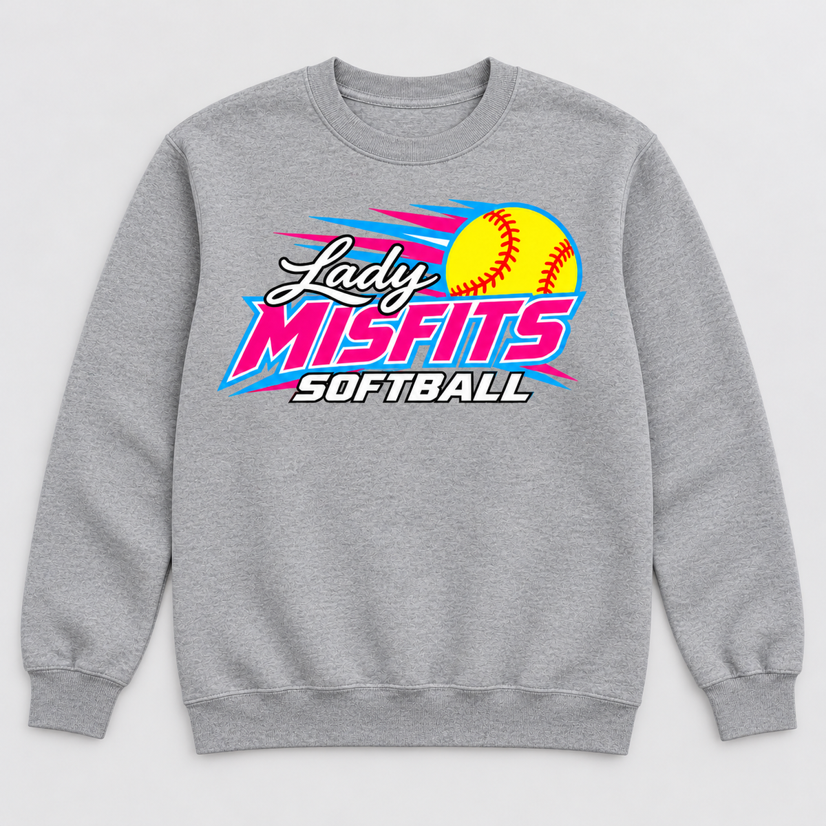 Lady Misfits 12U Fastpitch Streak design on Gildan Heavy Blend Crewneck Sweatshirt in Sport Grey