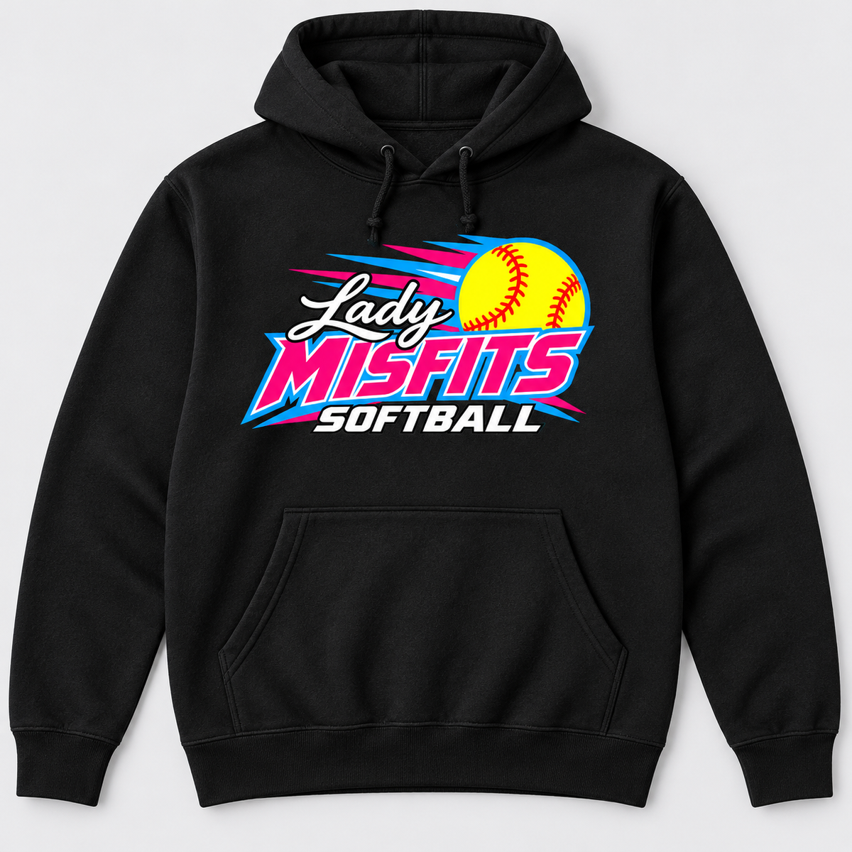 Lady Misfits 12U Fastpitch Streak design on Gildan Heavy Blend Hoodie in Black