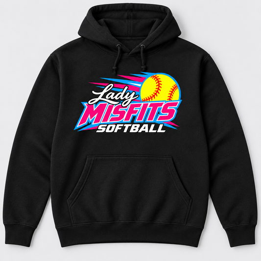 Lady Misfits 12U Fastpitch Streak design on Gildan Heavy Blend Hoodie in Black