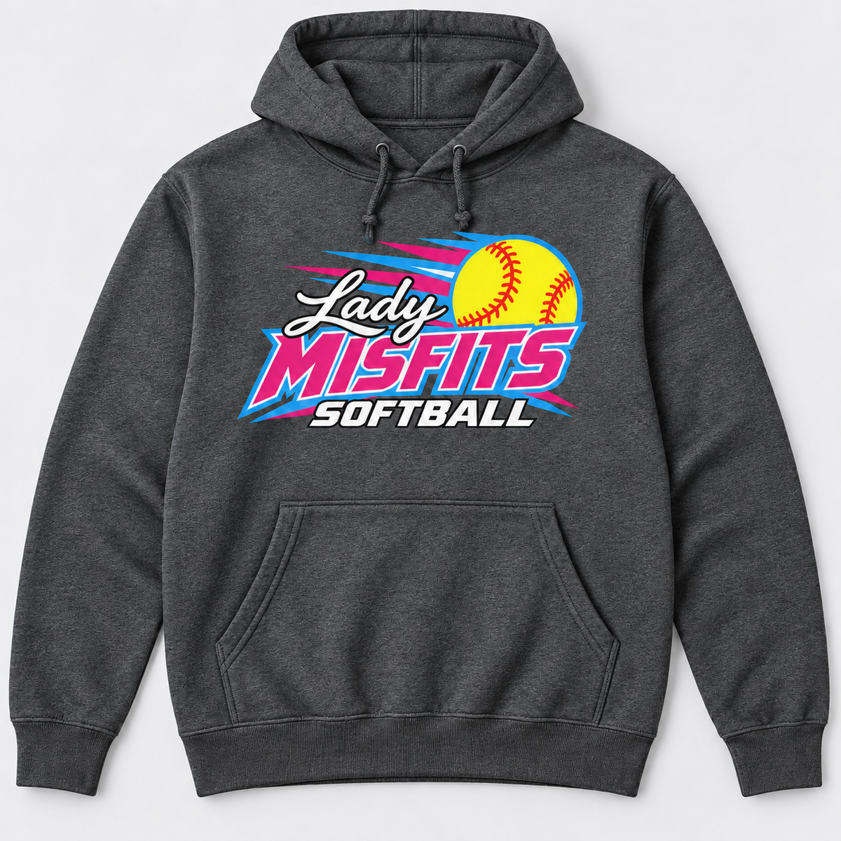 Lady Misfits 12U Fastpitch Streak design on Gildan Heavy Blend Hoodie in Dark Heather