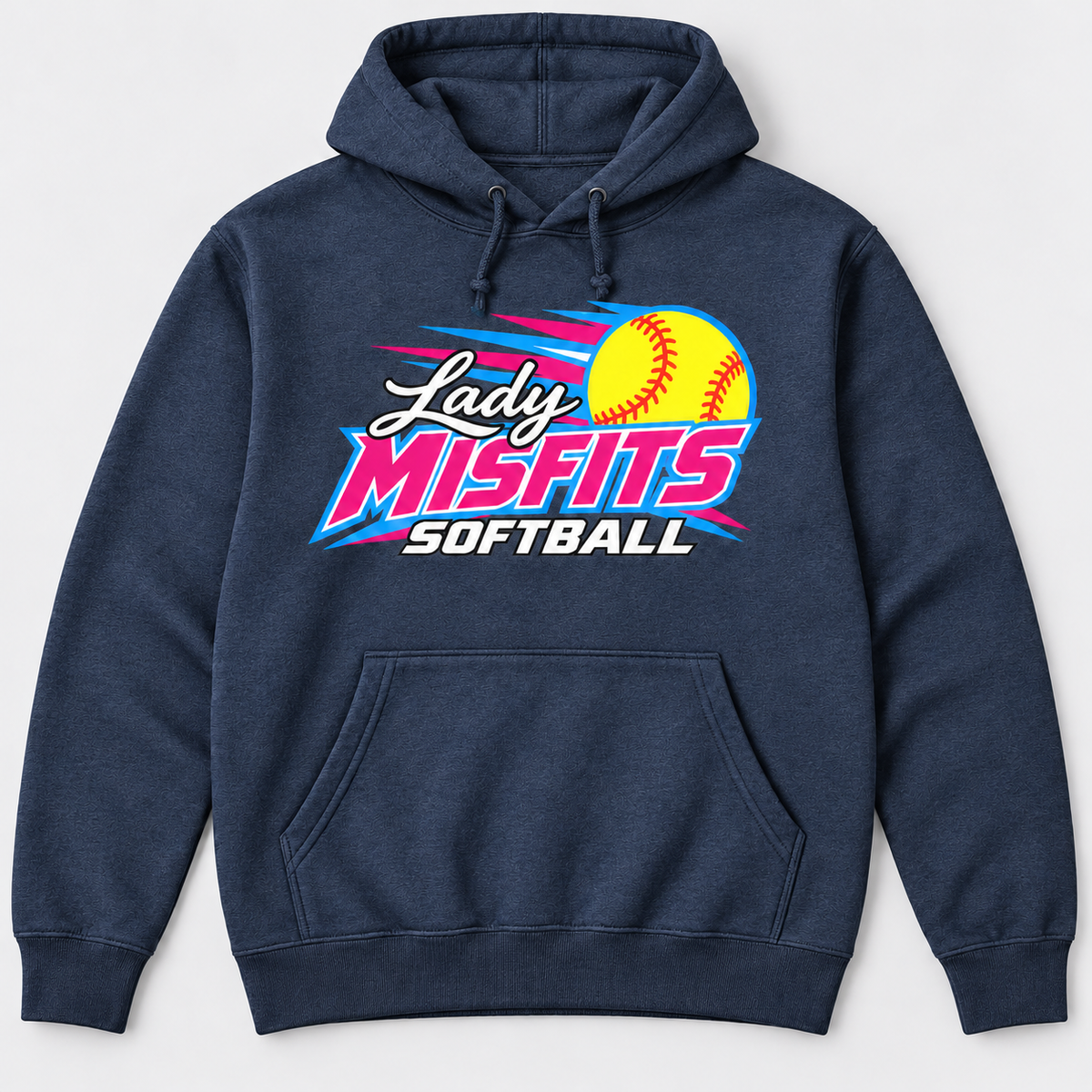 Lady Misfits 12U Fastpitch Streak design on Gildan Heavy Blend Hoodie in Heather Dark Navy